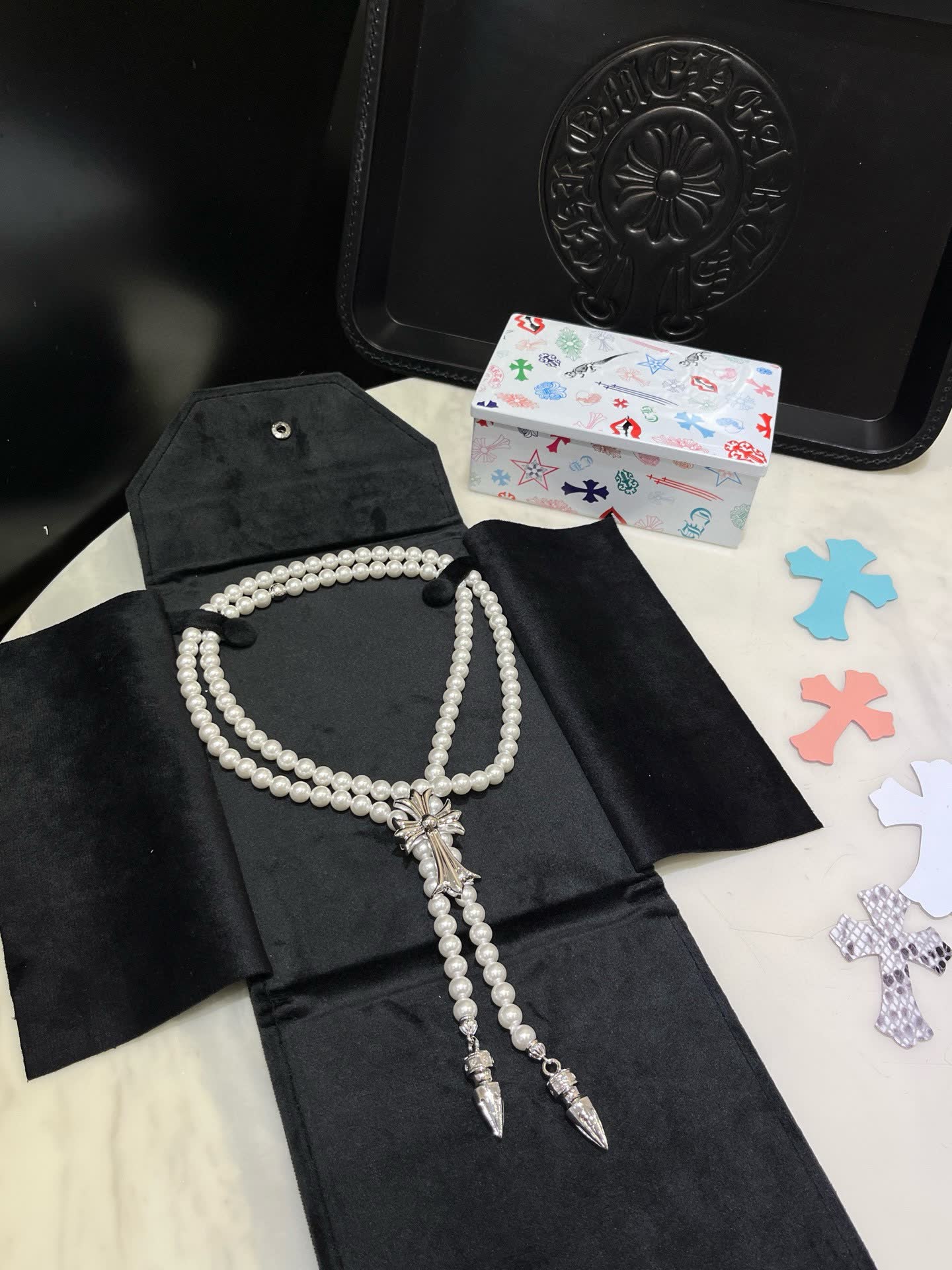 Chrome Hearts Black Velvet Corset with Pearl Necklace